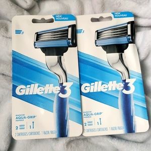 GILLETTE3 AQUA-GRIP RAZOR HANDLE 1 RAZOR WITH 2 CARTRIDGES